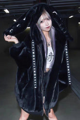 Black Rabbit Ears Long Sleeves Hooded Punk Jirai Kei Coat